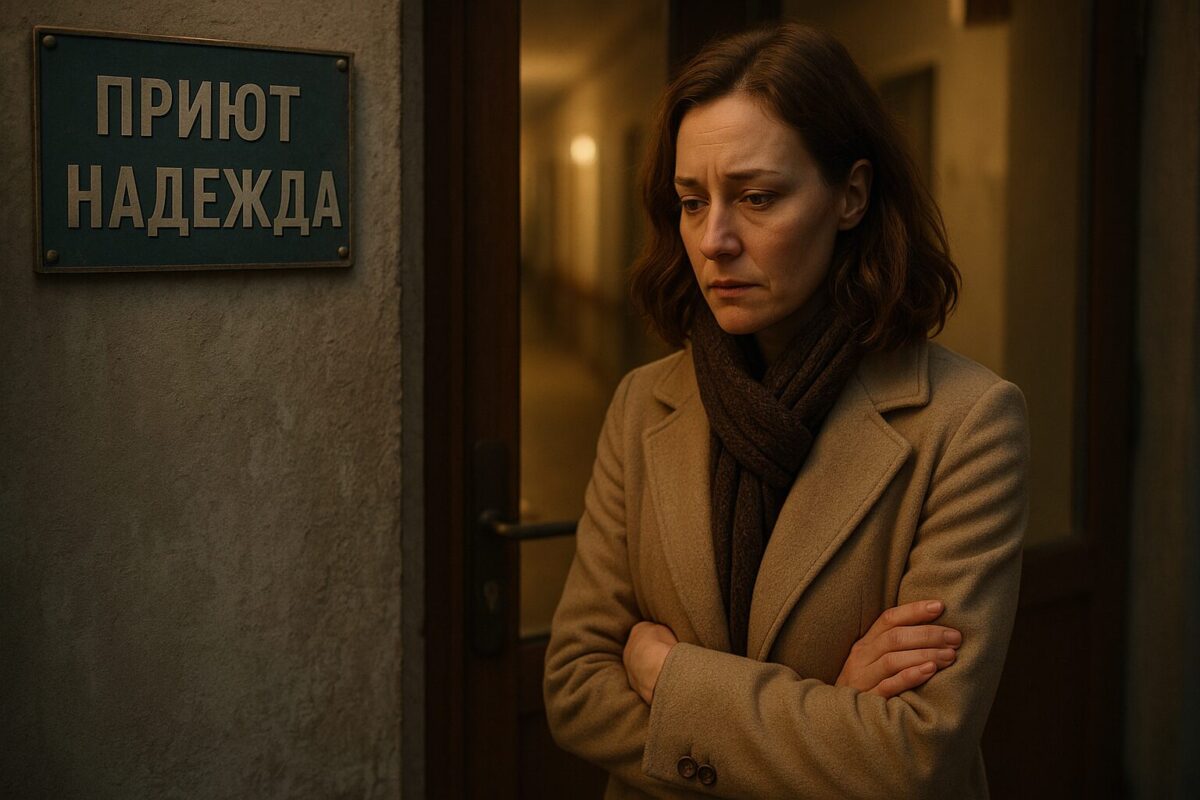 Женщина в пальто у входа в приют осенним вечером, за стеклянной дверью тусклый свет коридора. Атмосфера боли и надежды, мягкое освещение.