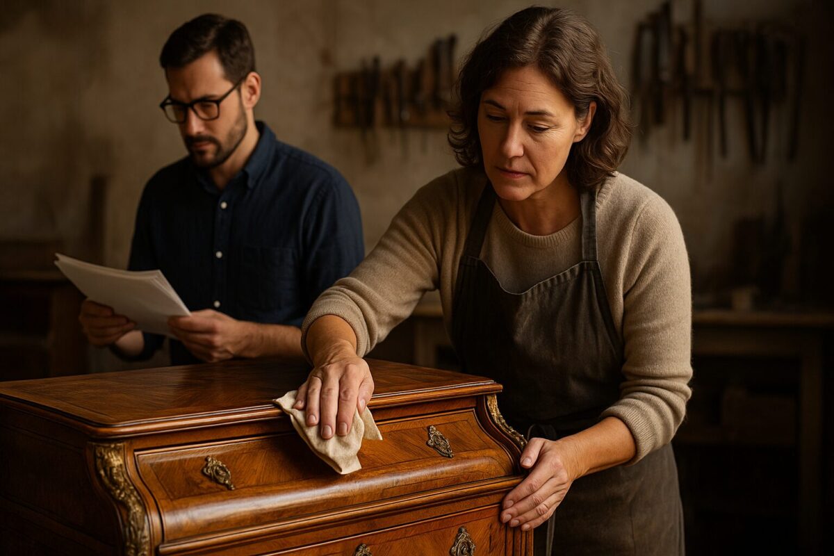 Реставратор и оценщик работают вместе в мастерской над антиквариатом, атмосфера доверия и надежды.