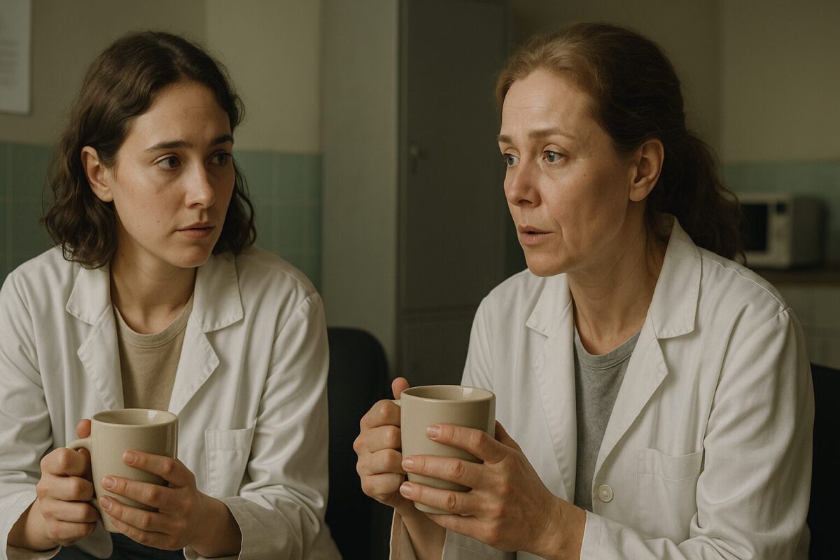 Морг, две женщины в халатах сидят за столом с чаем и документами, разговор, спокойная атмосфера.