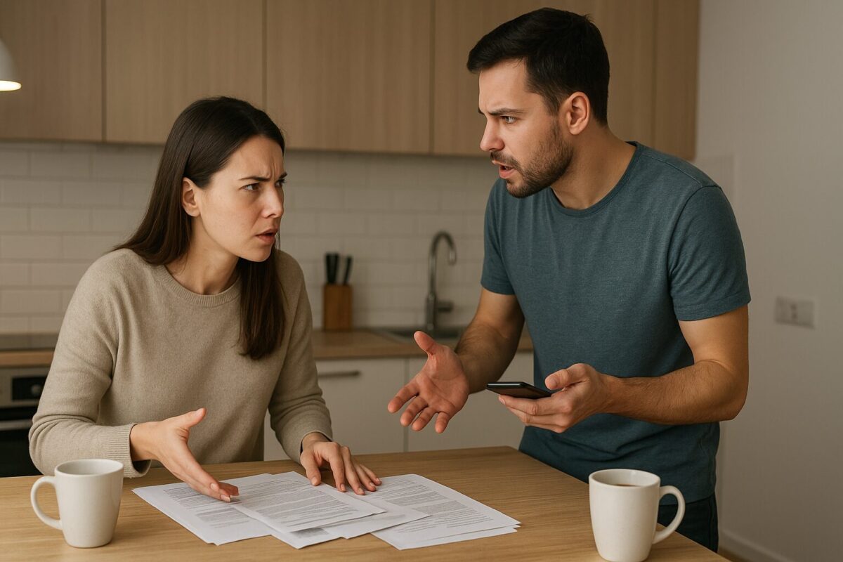 Молодая пара спорит на кухне об отпуске: жена за бумагами, муж с телефоном в руках, атмосфера напряжённого разговора.