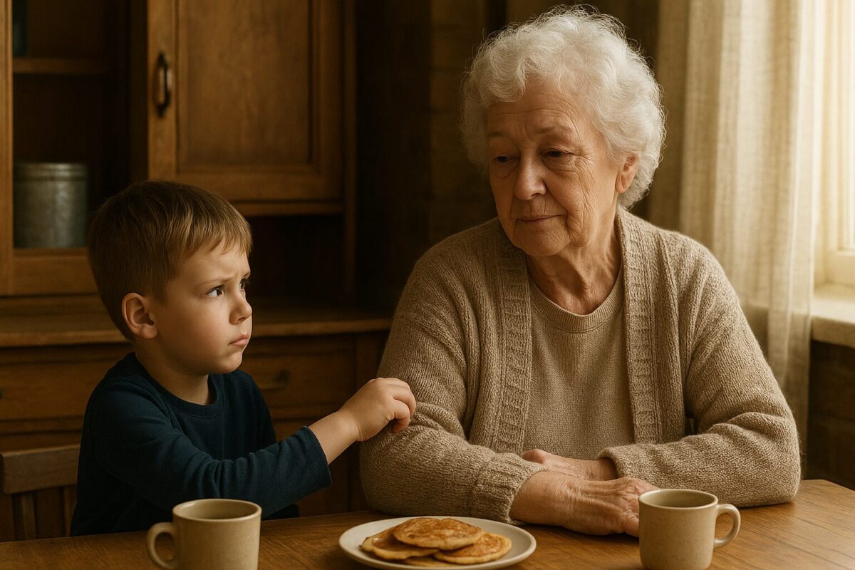 Мальчик с нетерпением смотрит на бабушку, она слегка улыбается, но сдержанна.