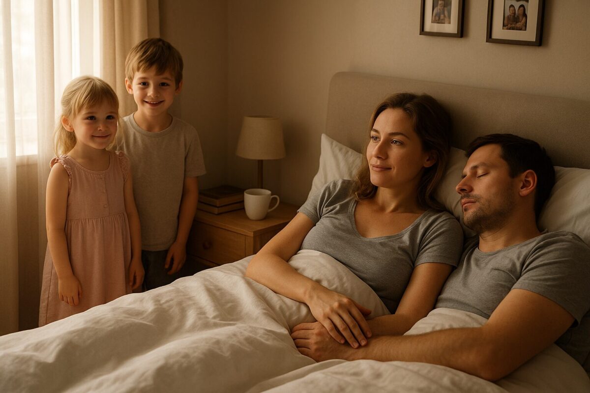 Семейное утро: мама и папа в кровати, двое детей у двери спальни, мягкий солнечный свет через занавески.