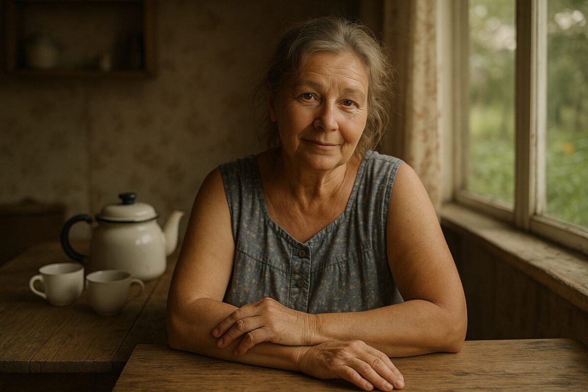 женщина 56 лет сидит за деревянным столом на деревенской кухне, на столе чайник и две чашки, за окном виден огород, мягкий дневной свет, простота и уют
