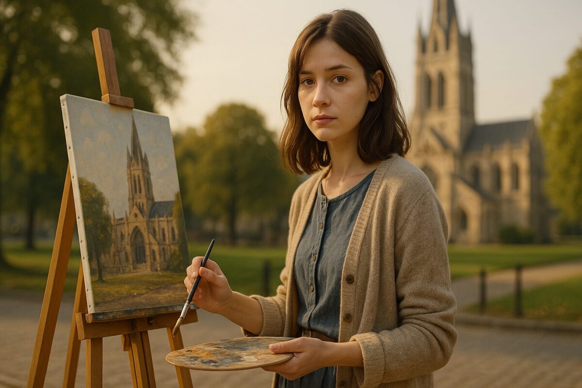Молодая девушка-художница с мольбертом у входа в парк, на фоне старинный собор, тёплый дневной свет