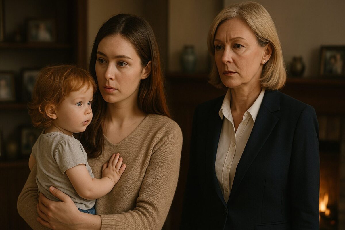 Маша с ребёнком и Елизавета Андреевна в гостиной у камина