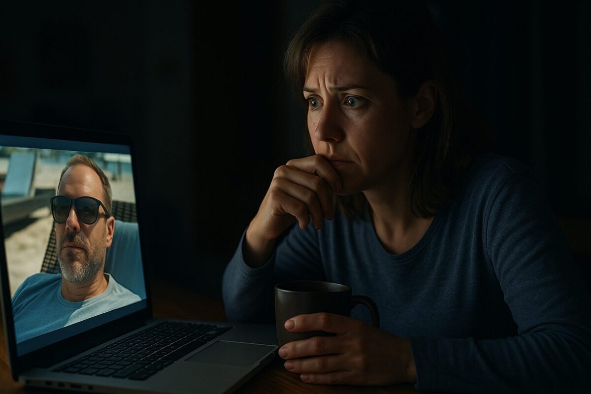 женщина 35–40 лет (Тамара), в домашней одежде, перед компьютером. Обстановка: тёмная комната, мягкий свет от экрана, кружка с чаем рядом. На экране — фото мужа в солнцезащитных очках. Атмосфера: тревога, удивление, напряжение.