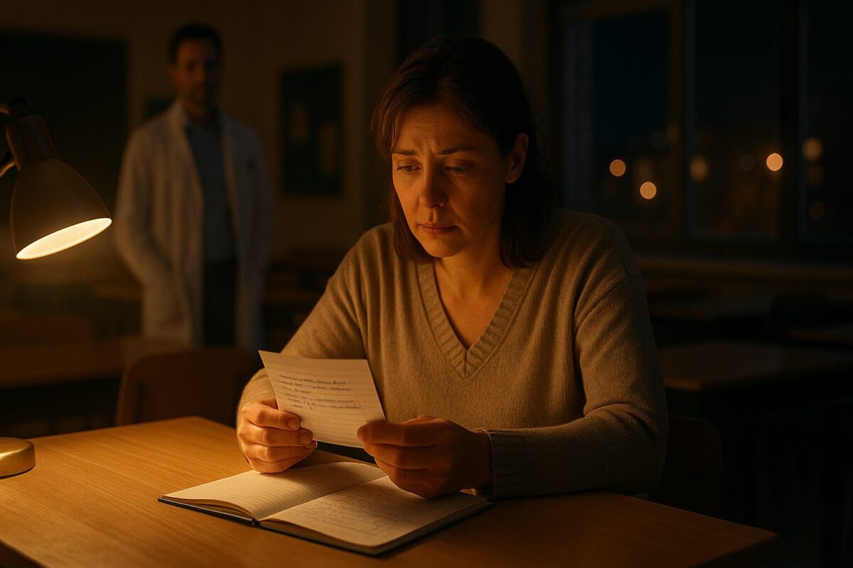 Тамара (35–40), в домашней одежде; Владислав (врач, 38–42) — на втором плане силуэт. Обстановка: вечер, школьный класс пуст, на столе — тетрадь Марка с вложенной запиской. Свет настольной лампы, за окном — огни. Атмосфера: надежда после бури, тёплая сосредоточенность.