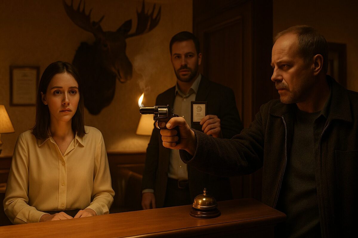 Маша за стойкой отеля, Штырь целится пистолетом-зажигалкой, Никита выходит с удостоверением — фотореализм, драма, гостиница.