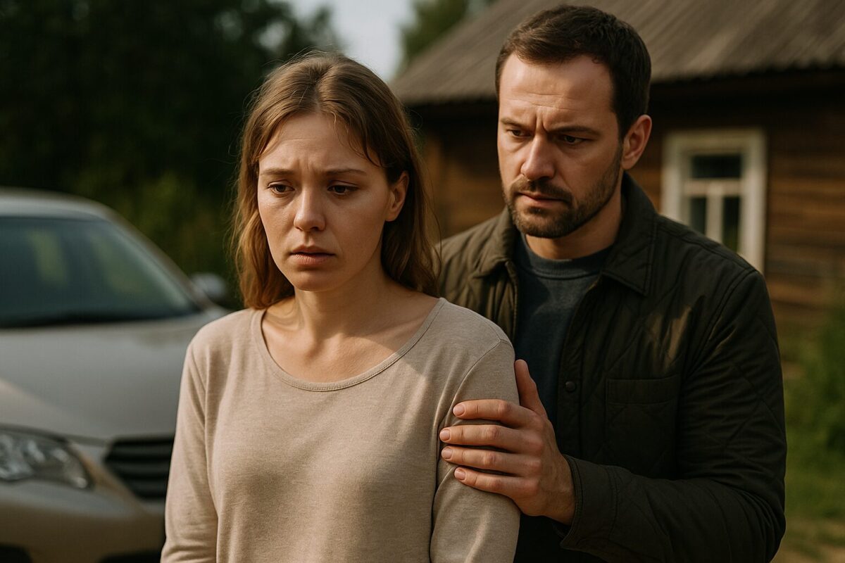 Женщина Лиза 28–30 лет у машины возле деревенского дома, мужчина Николай 35–37 лет рядом.