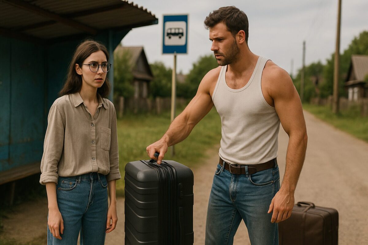 Зарина с чемоданами на деревенской улице, Илья помогает поднять багаж у автобусной остановки. Молодая девушка в очках и смущении, сельская жизнь, начало истории.