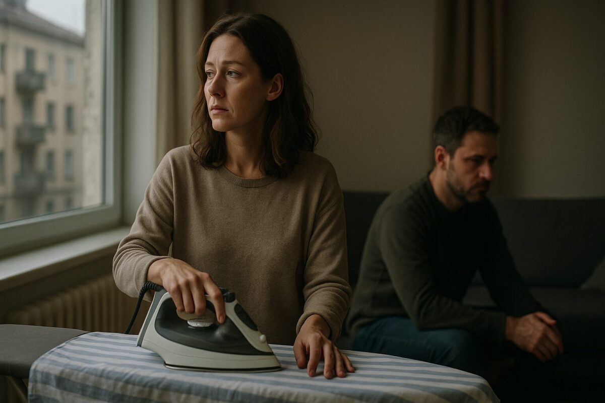 Грустная женщина 34 лет гладит белье дома, мужчина сидит отвернувшись - семейный кризис после потери ребенка