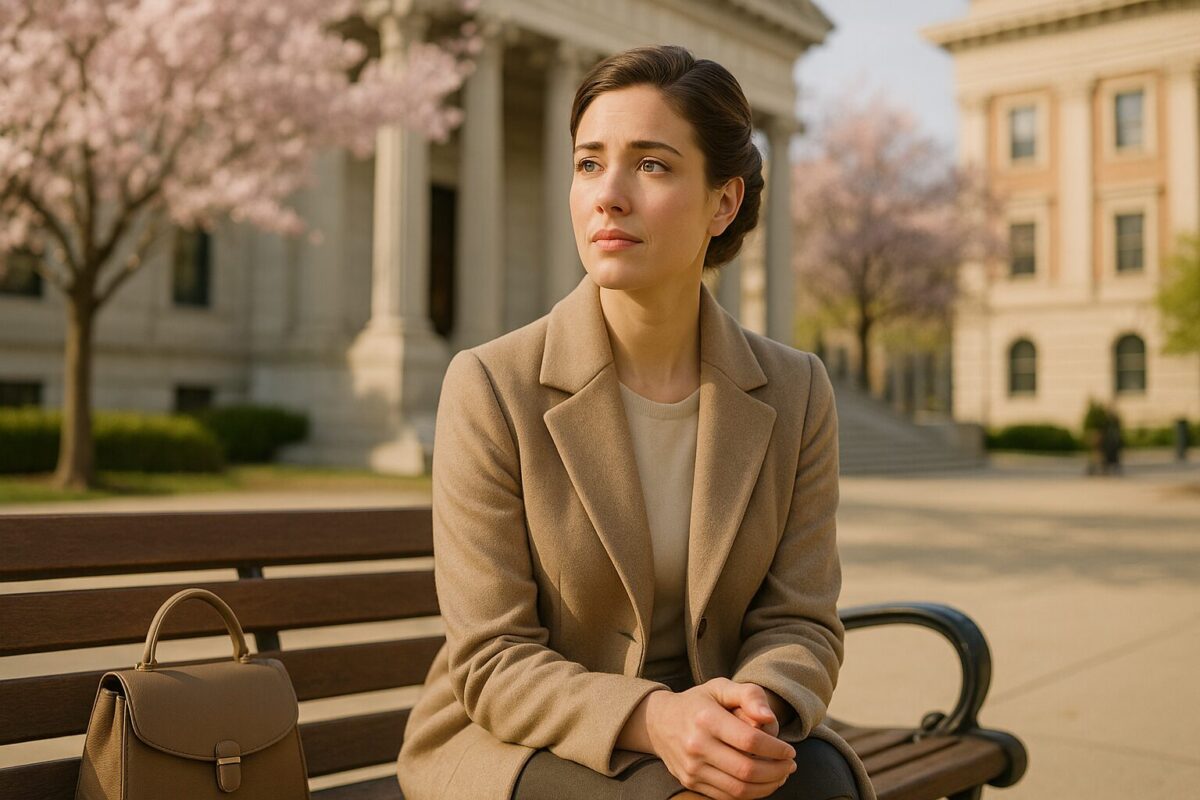 Грустная молодая стюардесса сидит на скамейке возле здания суда весной. На заднем плане — цветущие деревья.