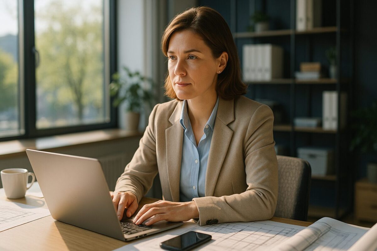 Женщина-архитектор 37 лет работает за столом в современном офисе на фоне весеннего утра за окном