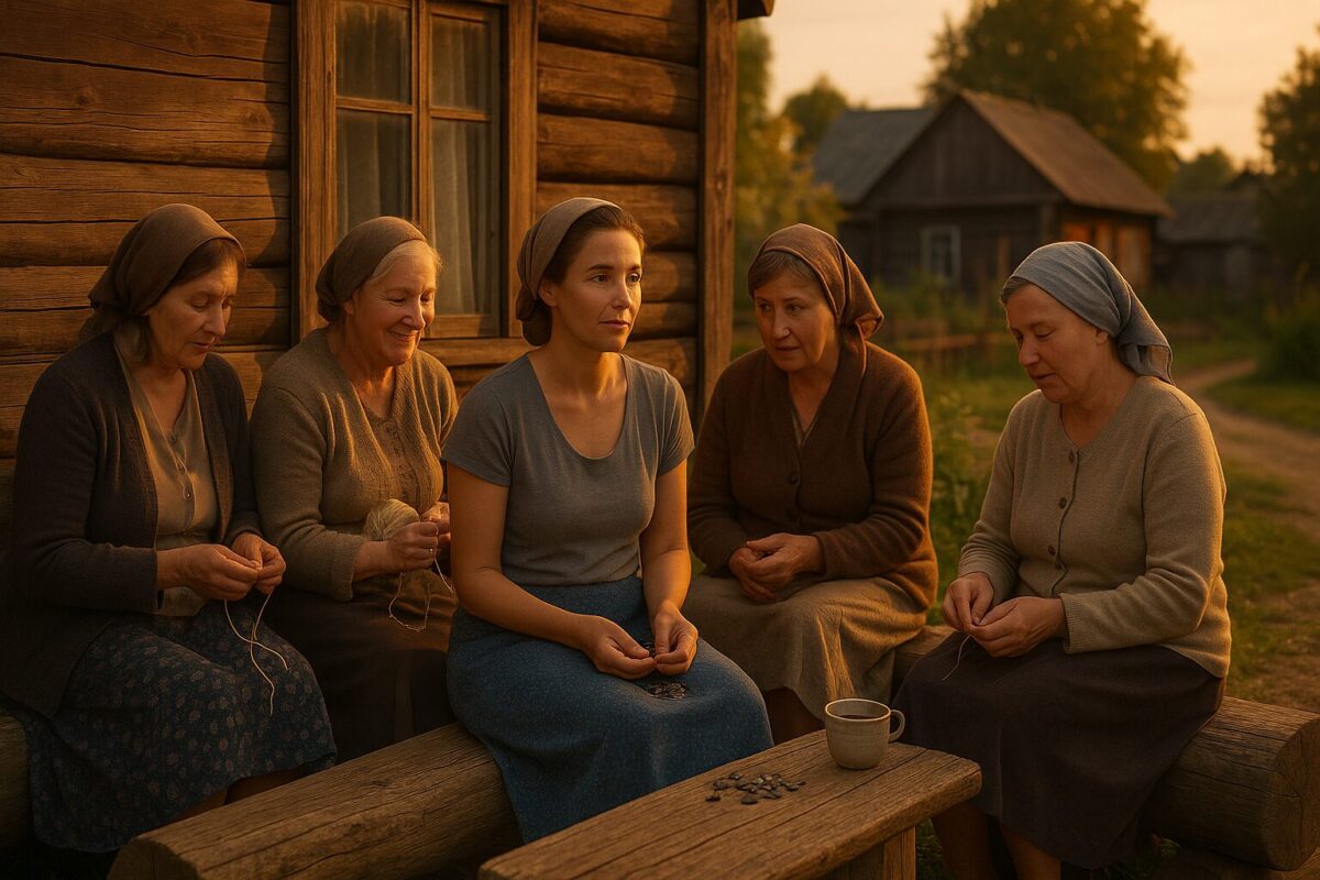 Деревенские женщины сидят на бревнах возле дома и вечером обсуждают семейные проблемы