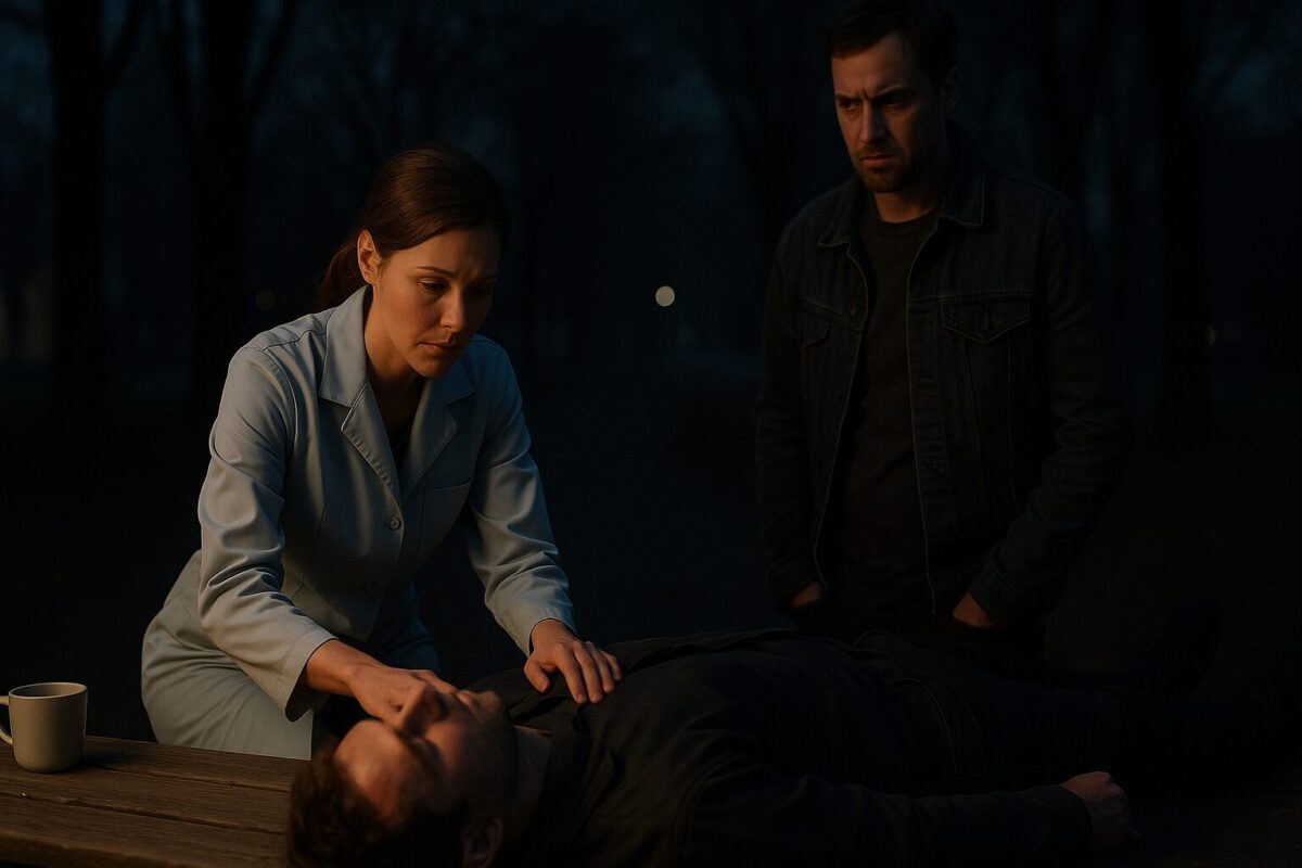 Врач оказывает помощь раненому мужчине в тёмном парке, в то время как её муж стоит рядом с недовольным видом. Сцена из рассказа о спасении незнакомца