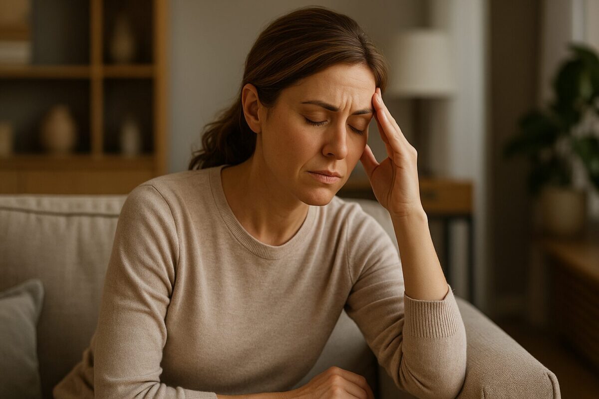 Уставшая женщина средних лет сидит дома в кресле, держась за голову — символ семейных проблем и усталости от предательства