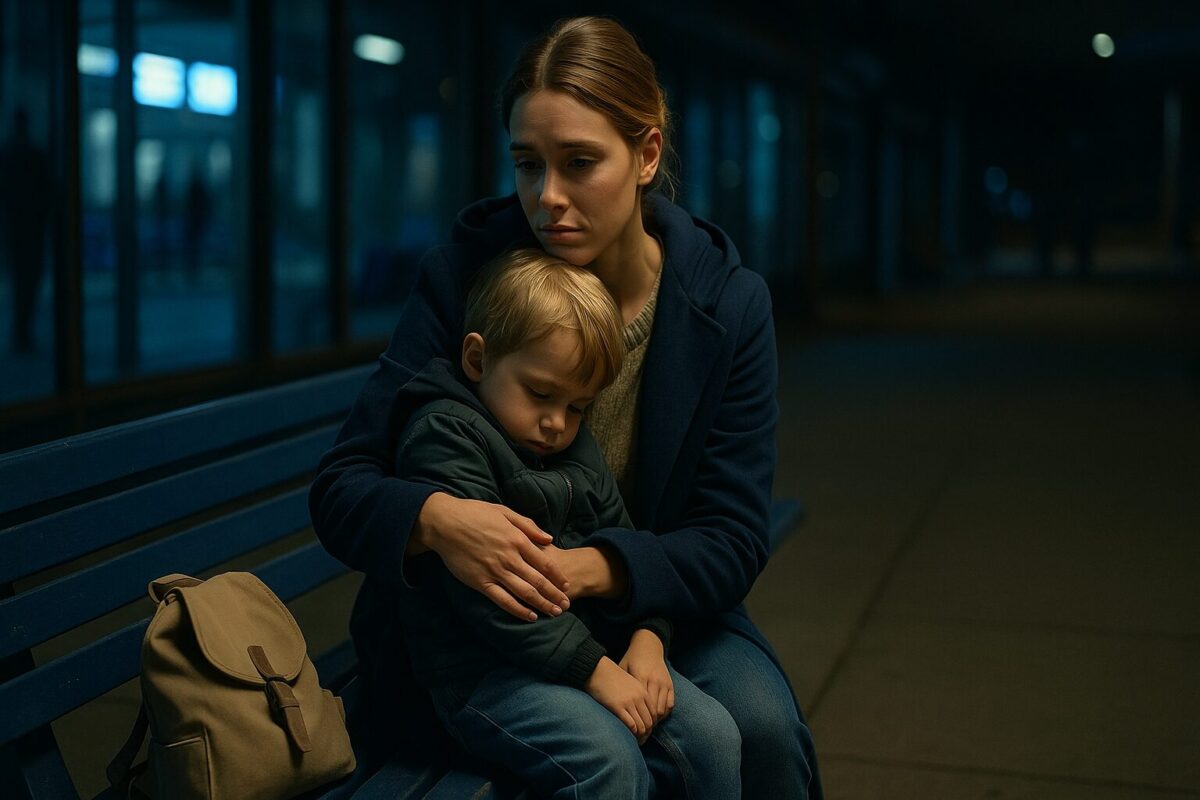 Молодая мать с маленьким сыном поздним вечером сидят на скамейке автовокзала в ожидании помощи