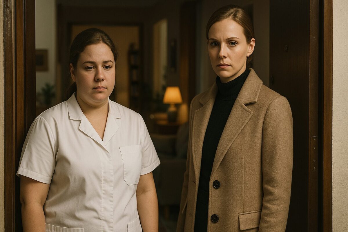 Молодая женщина-медсестра получает угрозу выселения от сводной сестры у входа в квартиру