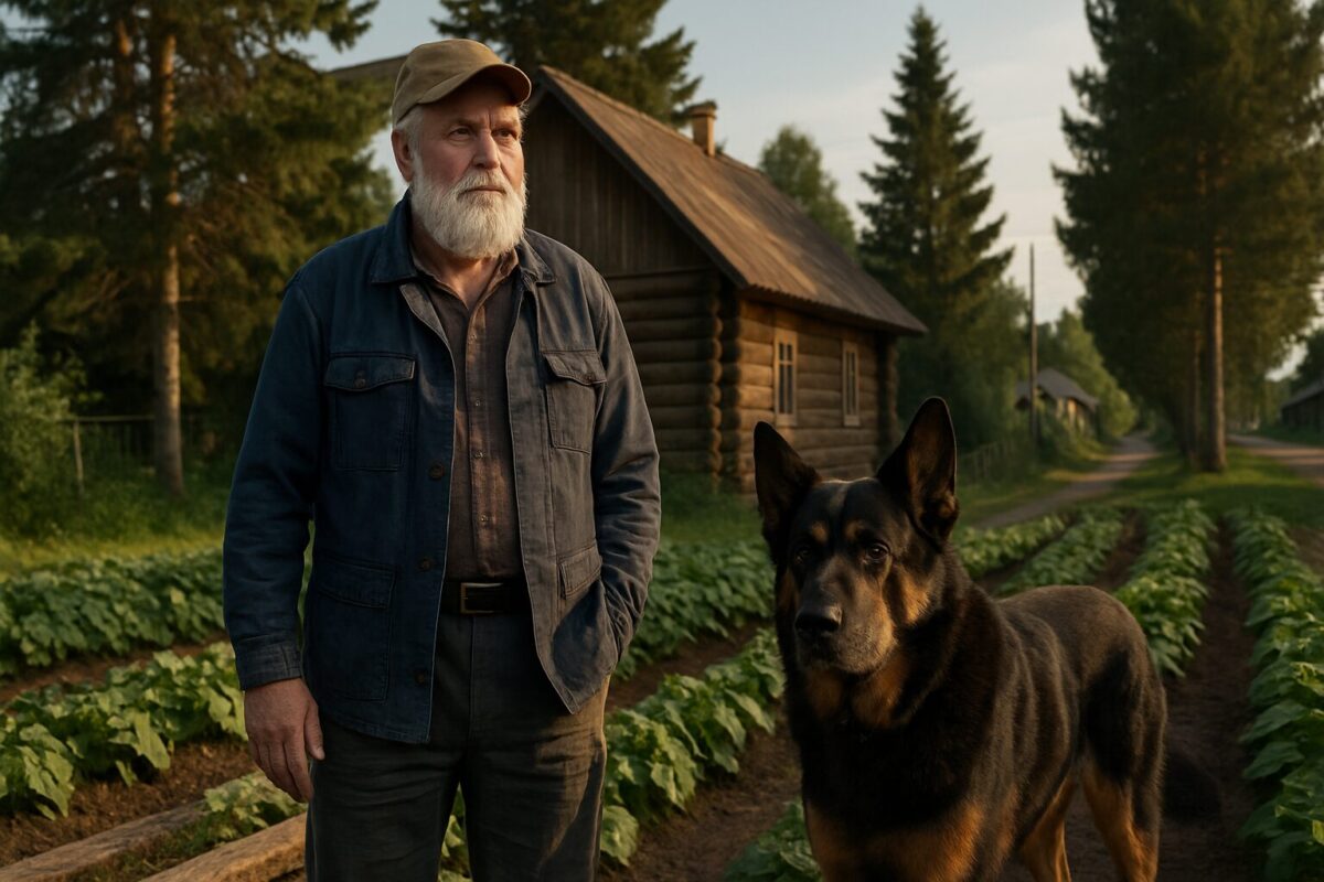 Пожилой седобородый мужчина с большой собакой стоит в огороде возле деревянного дома в окружении елей