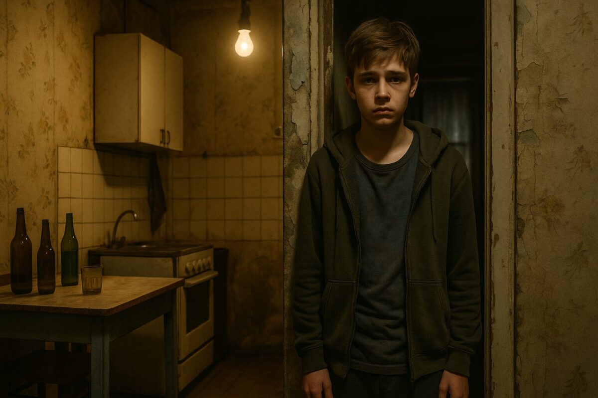 Худой подросток 15 лет в старой одежде стоит на грязной кухне в бедной квартире среди пустых бутылок