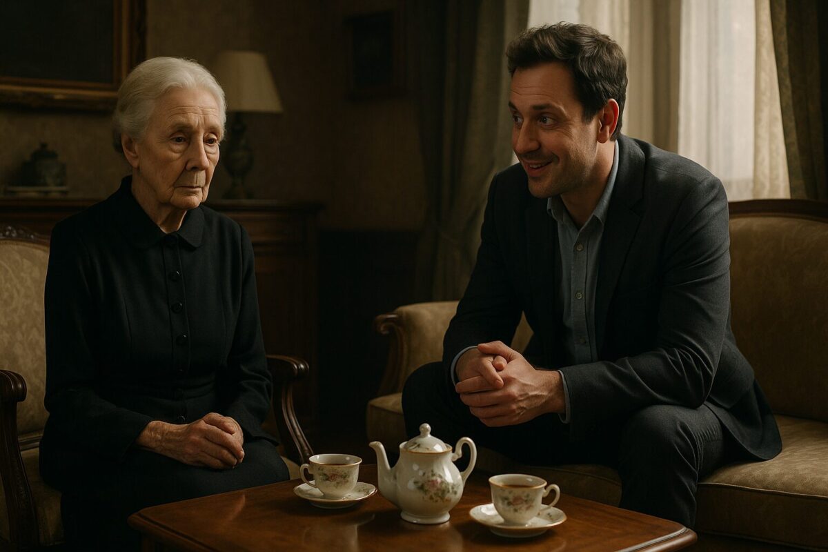 Пожилая женщина 84 лет в кресле беседует с троюродным племянником в гостиной старинного дома