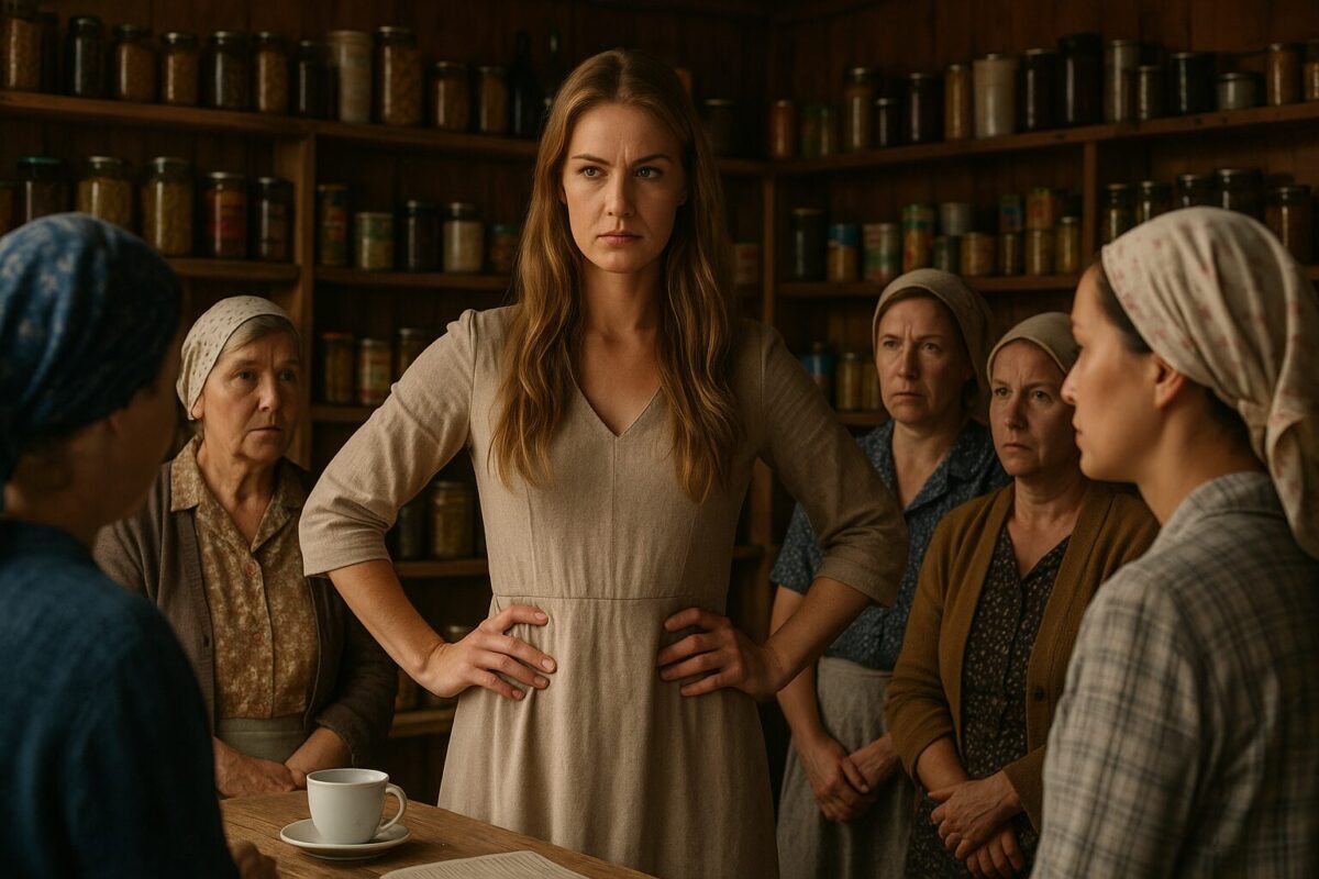 Статная деревенская женщина в сельском магазине разговаривает с группой любопытных соседок