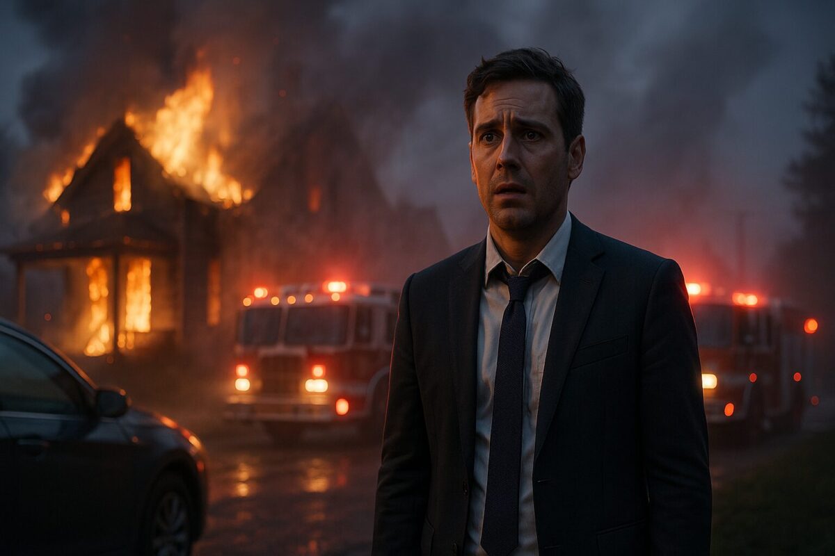 Мужчина средних лет в деловом костюме в шоке стоит возле пожарища своего дома на фоне пожарных машин и густого дыма