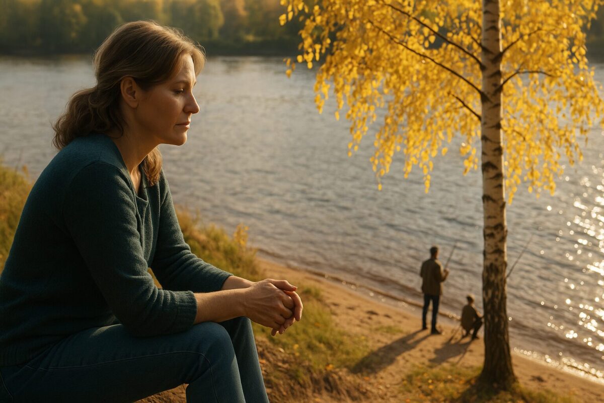 Женщина сидит на берегу реки осенью и наблюдает за мужем и сыном, которые рыбачат