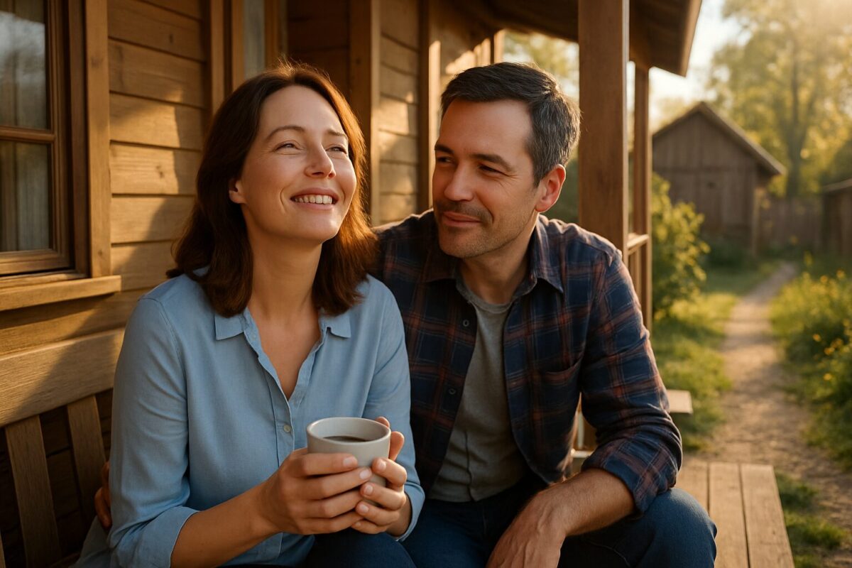 Счастливая пара средних лет на деревенском крыльце за утренним кофе. Иллюстрация к романтическому рассказу о поздней любви