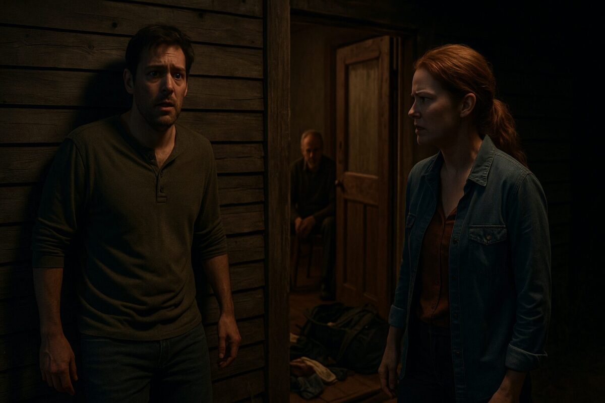 Драматическая сцена в деревенском доме: мужчину поймали при попытке сбежать от жены и семьи, напряжённая атмосфера конфликта и разоблачения обмана