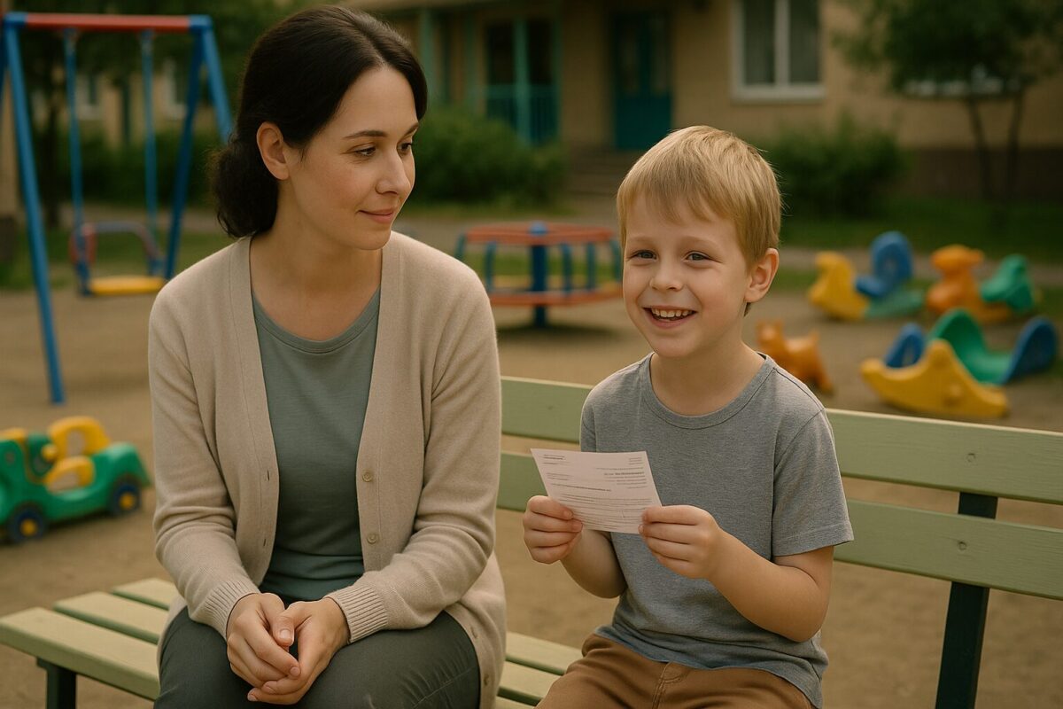 Мать-одиночка с сыном в детском саду держат в руках квитанцию об оплате. История о материнской любви, судьбе и неожиданной помощи незнакомца.