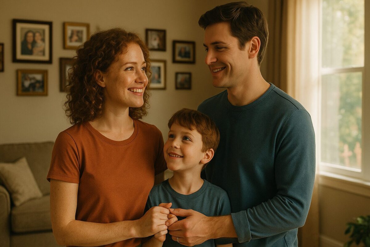 Молодая пара — рыжеволосая женщина и шатен — держатся за руки в уютной домашней гостиной