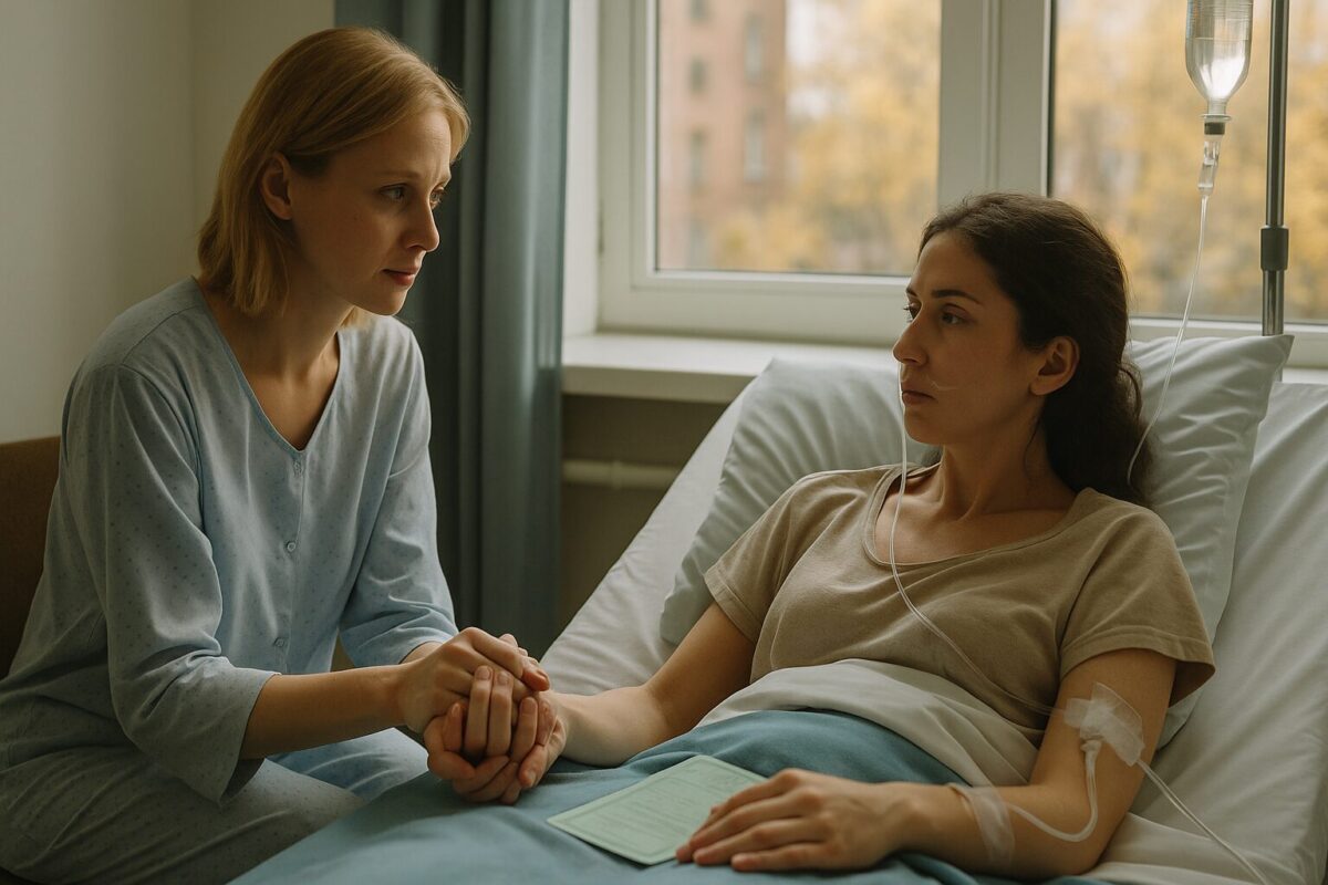 Две подруги держатся за руки в больничной палате, одна лежит под капельницей
