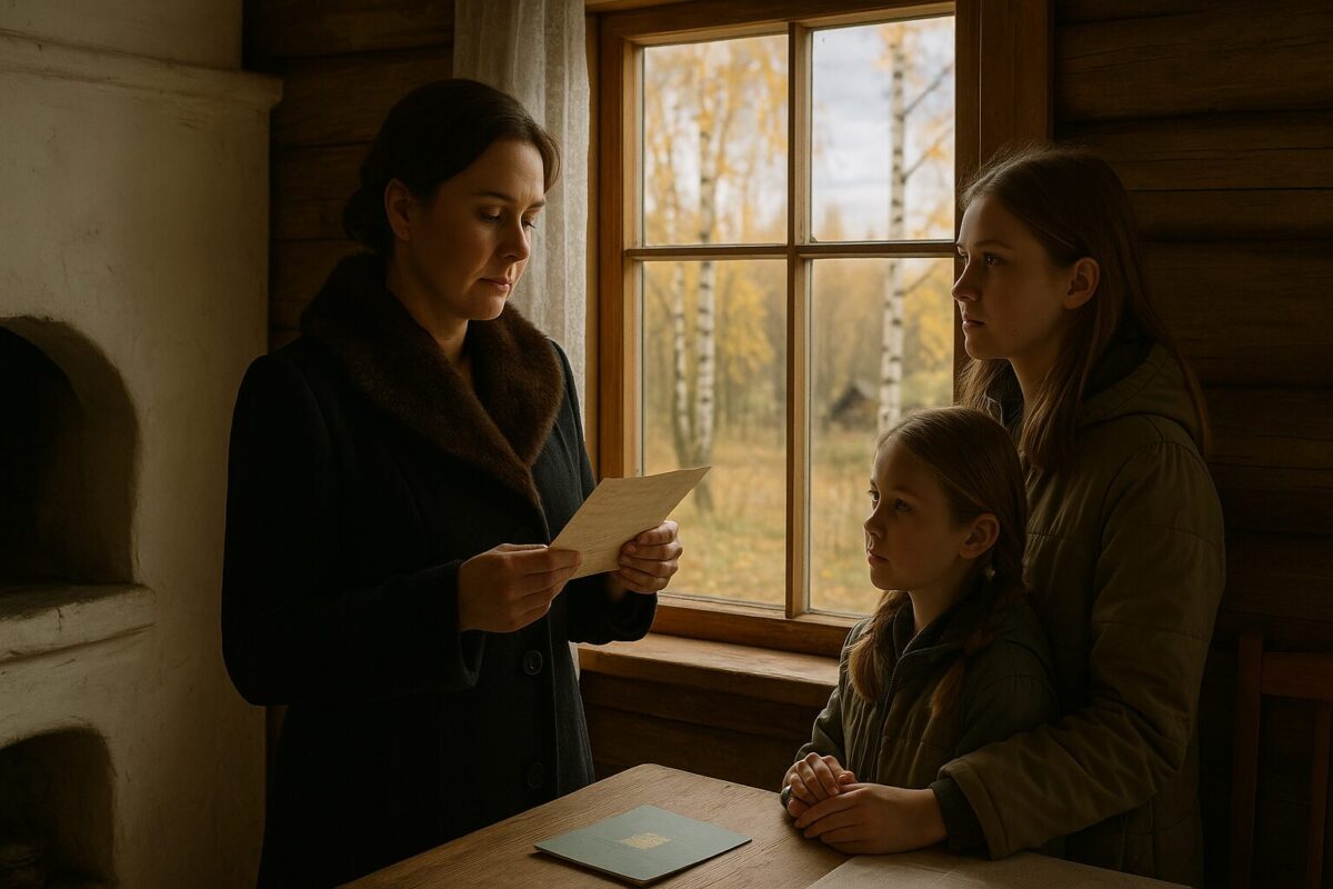 Женщина с дочерью читают письмо у окна деревенского дома осенью