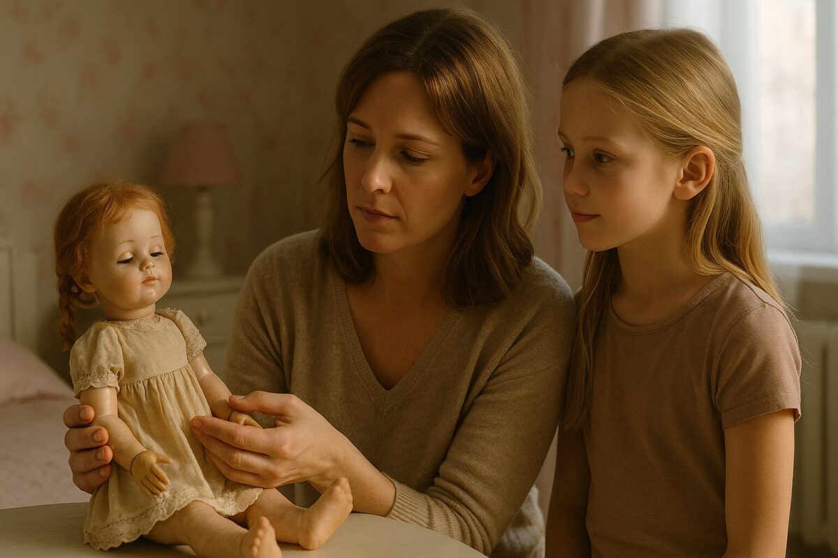 Приёмная мать с дочерью рассматривают старую куклу из детского дома с тайным кулоном внутри