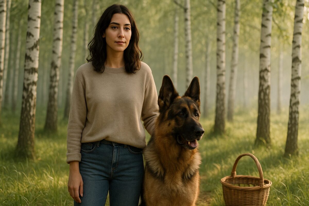 Женщина-врач с собакой в берёзовой роще собирает целебные травы