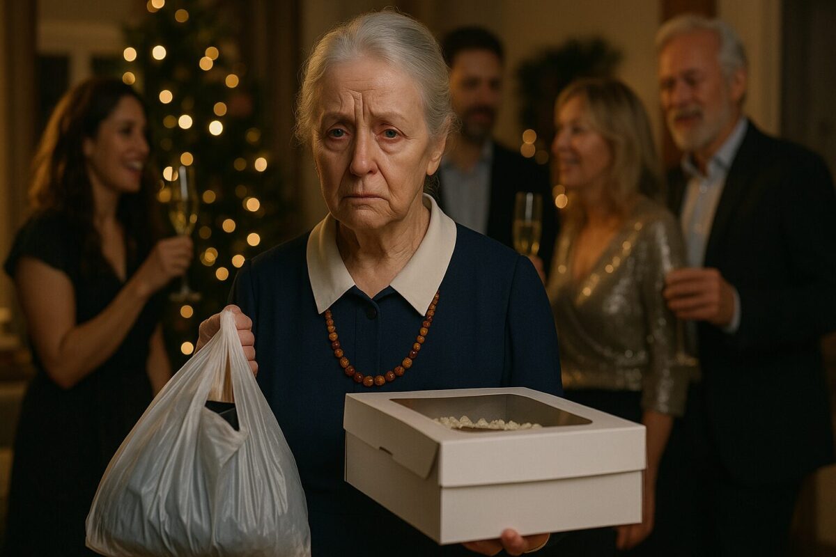 Пожилая мать с дешёвыми сапогами в руках на празднике в честь Дня матери, где сын дарит дорогой подарок тёще