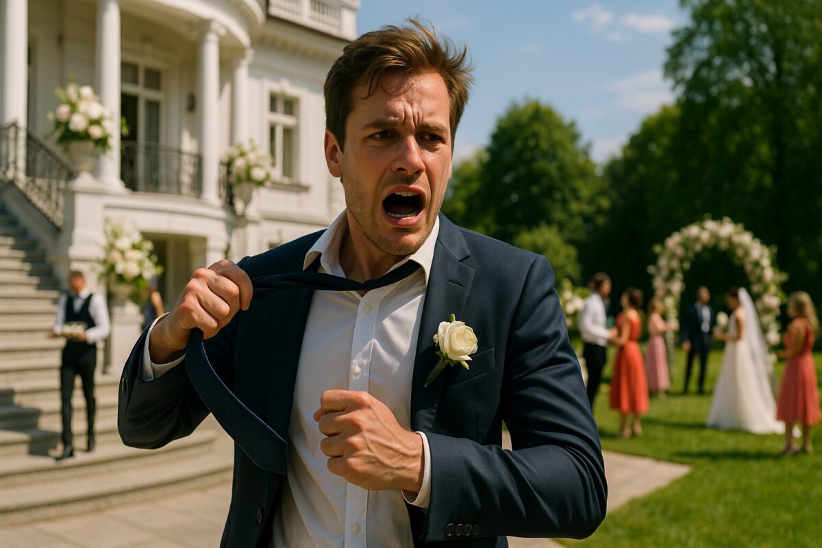 Молодой жених в свадебном костюме стоит на лестнице перед роскошным особняком, срывает галстук и выглядит эмоционально потрясённым, на фоне солнечный день, свадебные гости и арка с цветами