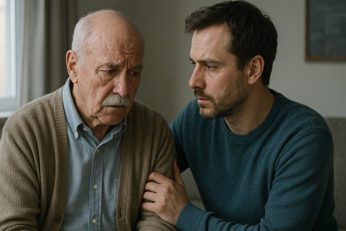 Отец и сын в больничном коридоре, серьёзный разговор, семейная драма, примирение, реалистичное фото