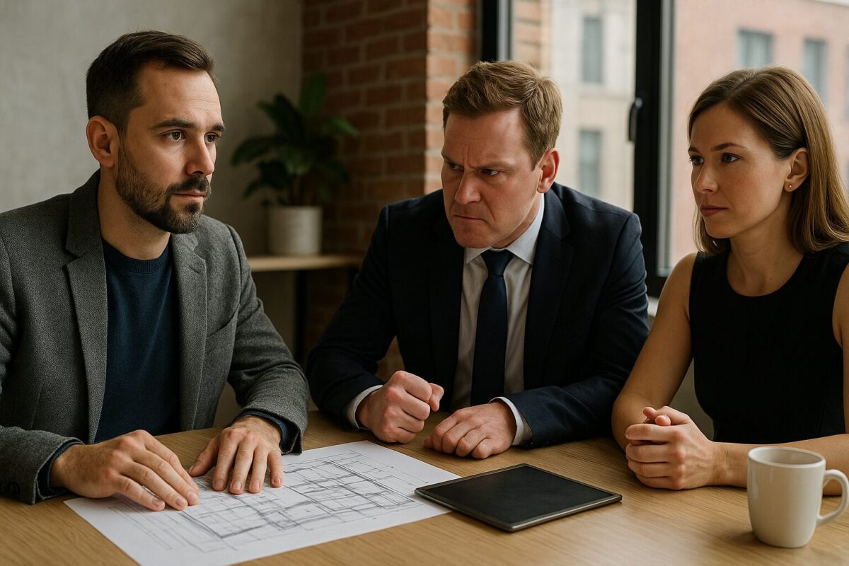 Трое людей за столом спорят о проекте, архитектор и бизнесмен в конфликте, напряжённая деловая встреча, реализм фото
