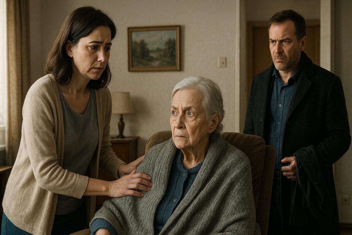 Семейная драма: женщина ухаживает за пожилой матерью, рядом стоит мужчина в гневе, конфликт и выбор