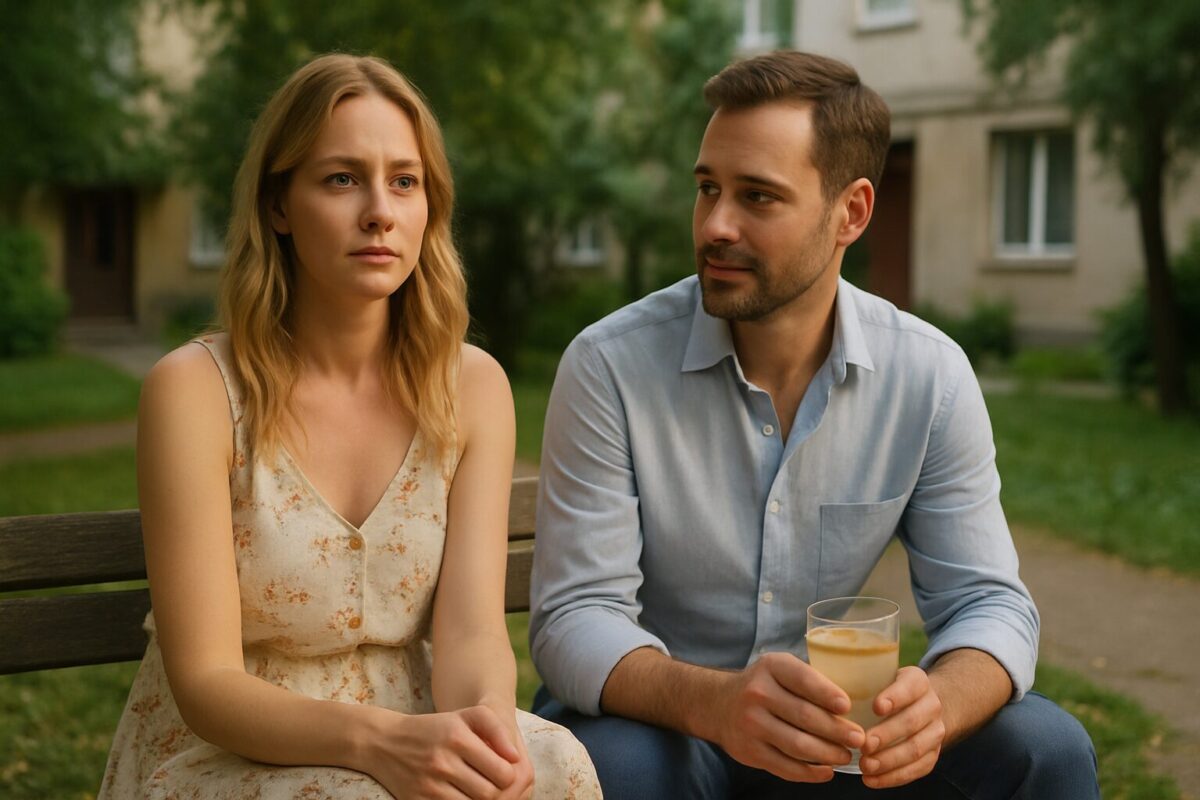 Женщина и мужчина в летней одежде на лавочке во дворе, лимонад, история любви и прощения, вторая попытка на счастье, отношения и семейные испытания.