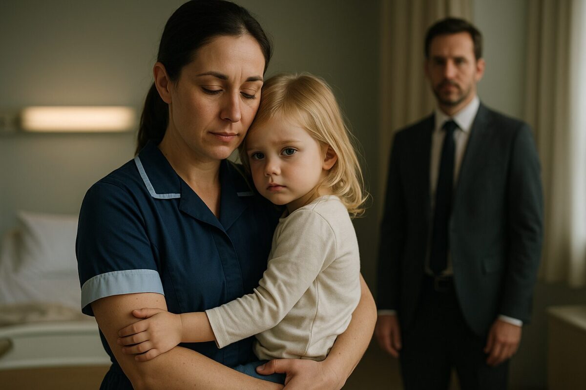 Уборщица обнимает больную девочку в больнице рядом с боссом-миллионером