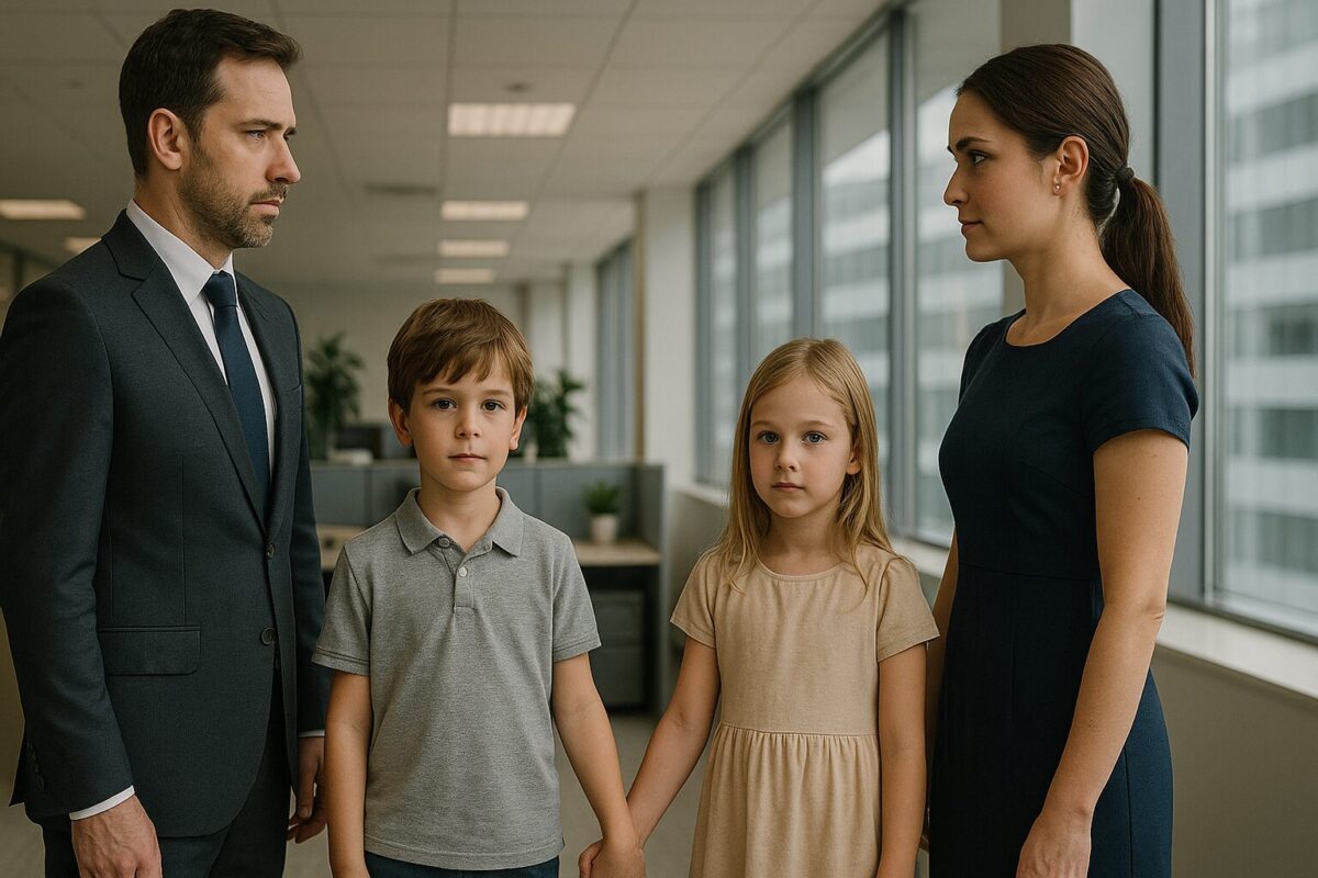 Бизнесмен и женщина с двумя выздоровевшими детьми в офисе после операции