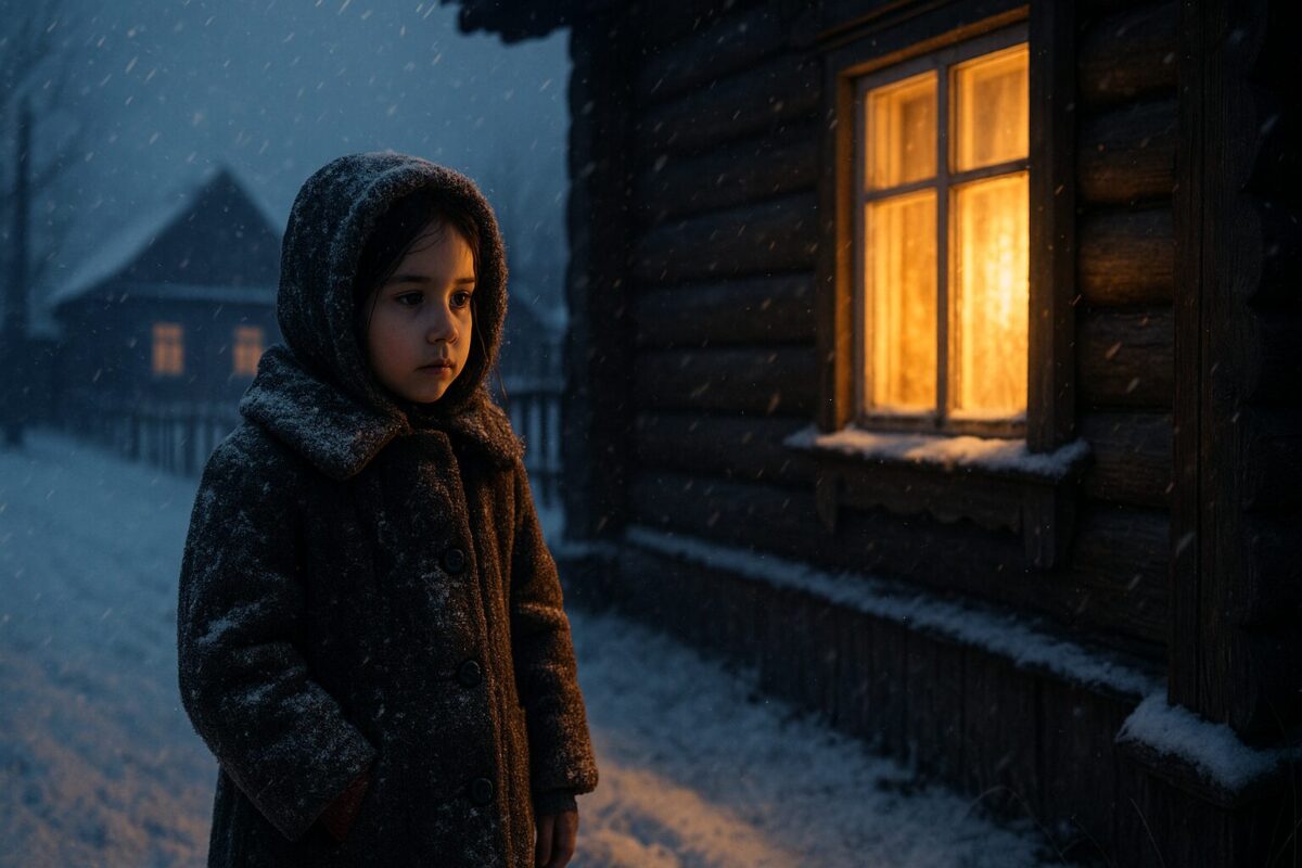 Маленькая девочка в снегу у деревенского дома зимой — иллюстрация к рассказу о семейных тайнах и материнской любви