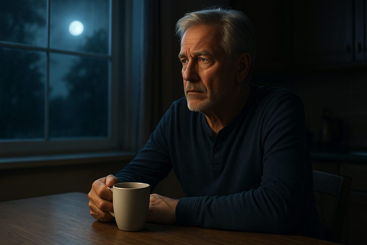 Мужчина 60 лет у окна ночью с чашкой чая, тревога и тайна прошлого, предсказание судьбы, мистическая история