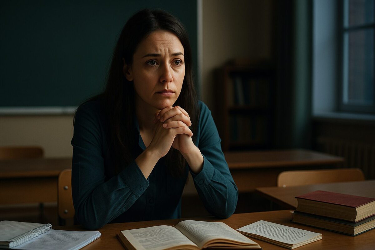Женщина 30 лет в школьном классе за столом, тревога и предательство мужа, тайна прошлого, семейная драма и спасение