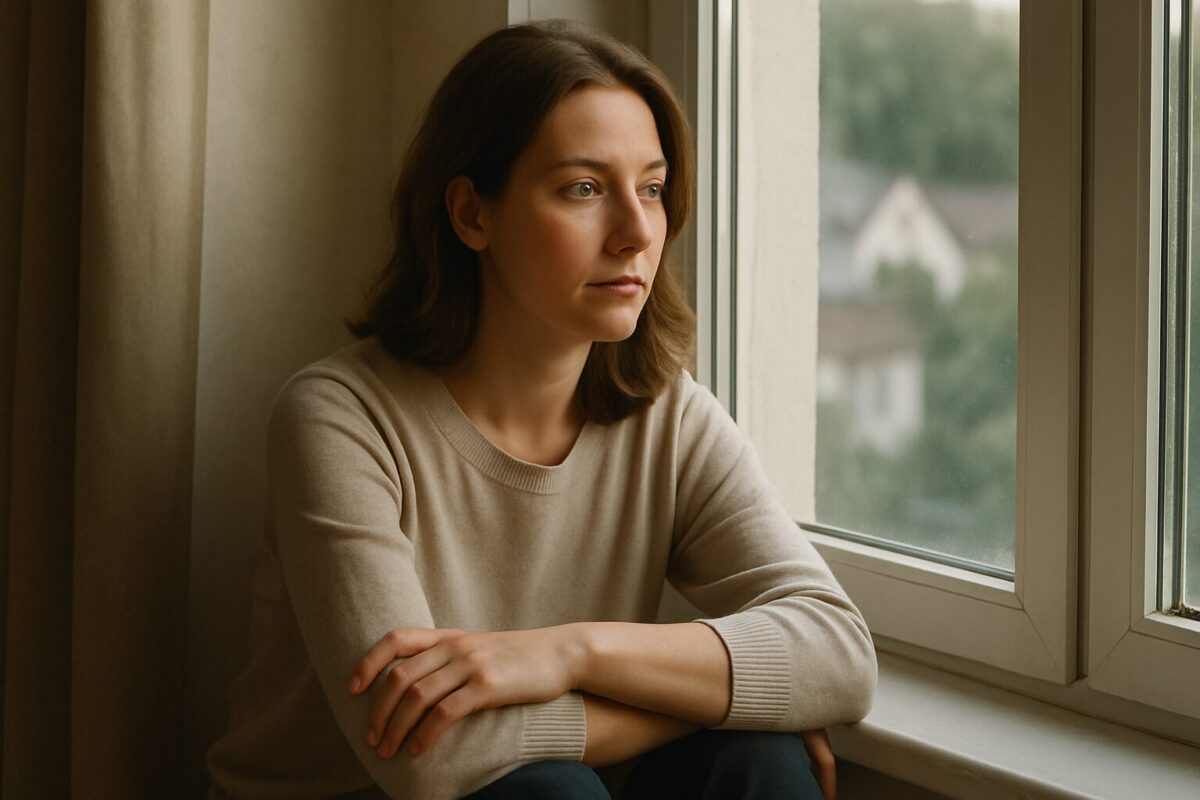 Женщина 40 лет сидит у окна и смотрит на улицу