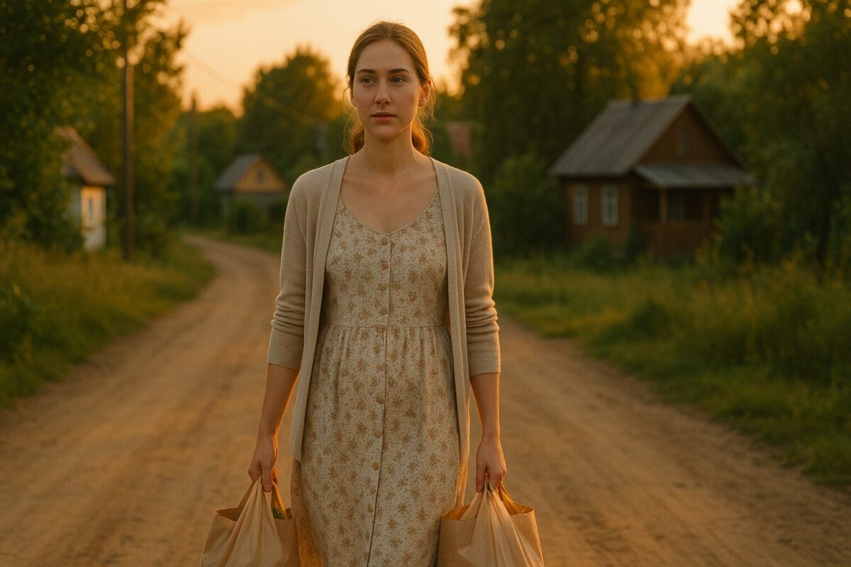 Женщина с пакетами продуктов идёт по дачной дороге к родителям мужа. Семейная история, тайна прошлого