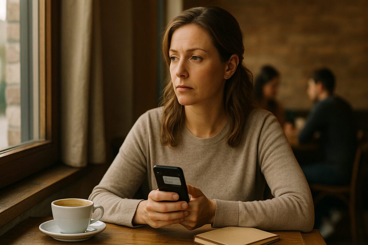 Женщина читает сообщения от мужчины-манипулятора в телефоне, распознавание альфонса в отношениях, токсичная переписка